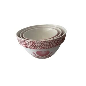 3‎ Piece Pink Heart Spongeware Mixing Bowl Pink White Vintage Cottagecore